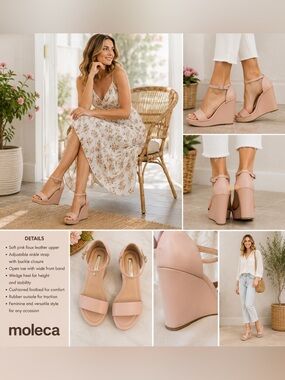 Moleca Blush Pink Wedge Sandals Ankle Strap Open Toe Size 6